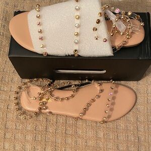 Fashion Nova Tan Sandals with Gold and Pink Embellishments